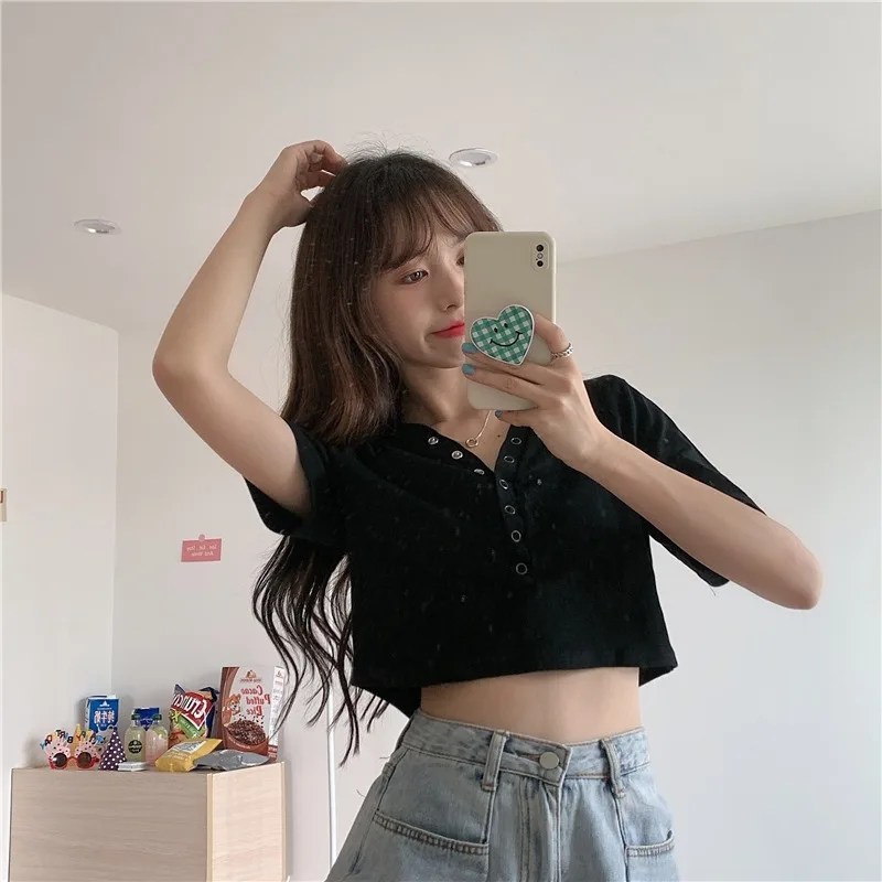 

Sanmuzi Fast Fashion Women's Wear ~ 2021 New Elastic Bottoming Shirt V-neck Short T-shirt for Women Slim Fit Slimming Top