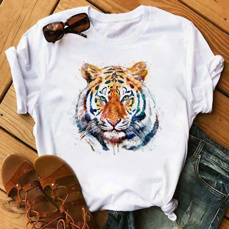

2021 T-shirt Fashion Cool Tiger And Lion T Shirt Casual White Short Sleeves T-shirt Cartoon Printed Tops Tees Mujer Camisetas