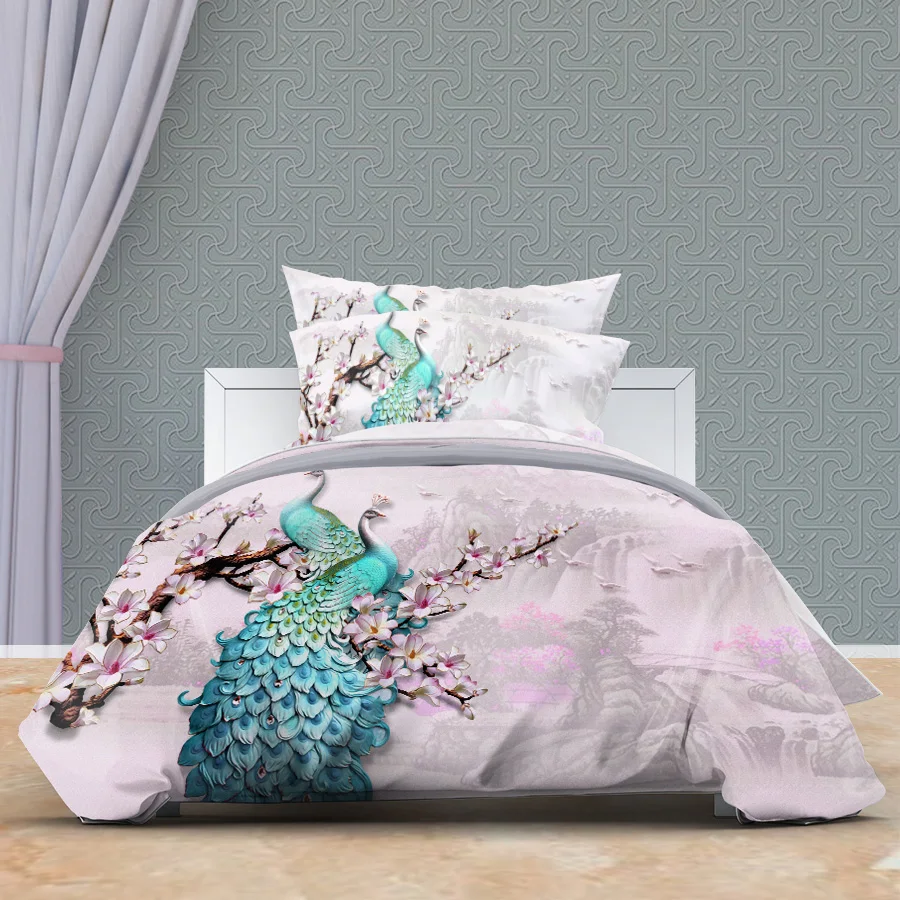 

Peacock Duvet Cover Queen 260x220 240x220 Pink Bedding Set Single Bedclothes Boys Girl Home Textiles Flower Bed Set