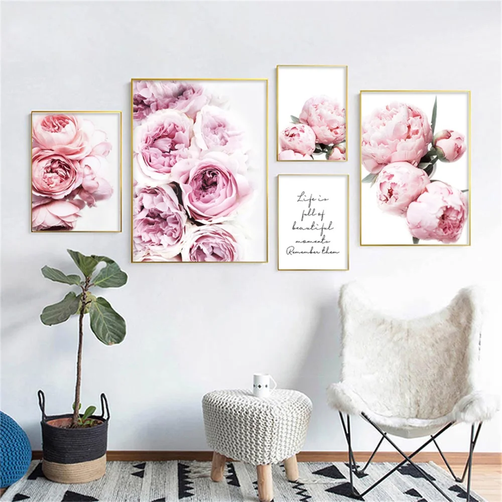 Розовый пион Холст плакат скандинавский принт мотивирующей текст Цитата
