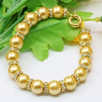 diy 10mm round gold color south sea shell pearl crystal bracelet women girls jewelry making design beads 7 5inch wholesale