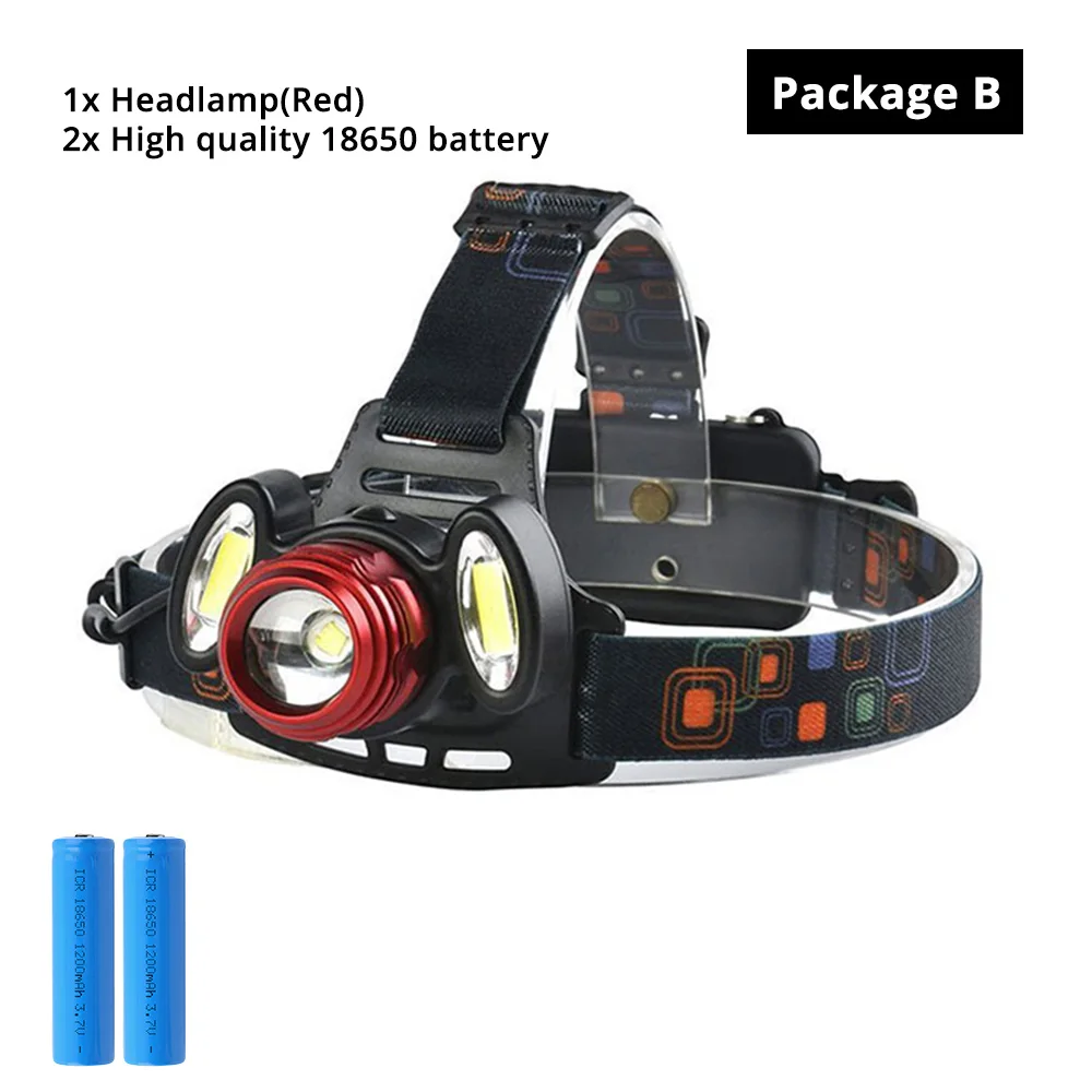 PackageB(red) Супер яркий светодиодный налобный фонарь T6+ COB светодиодный налобный фонарь 4 режима освещения масштабируемый для рыбалки, ночной езды, кемпинга, приключений и т. д - Испускаемый цвет: PackageB(red)