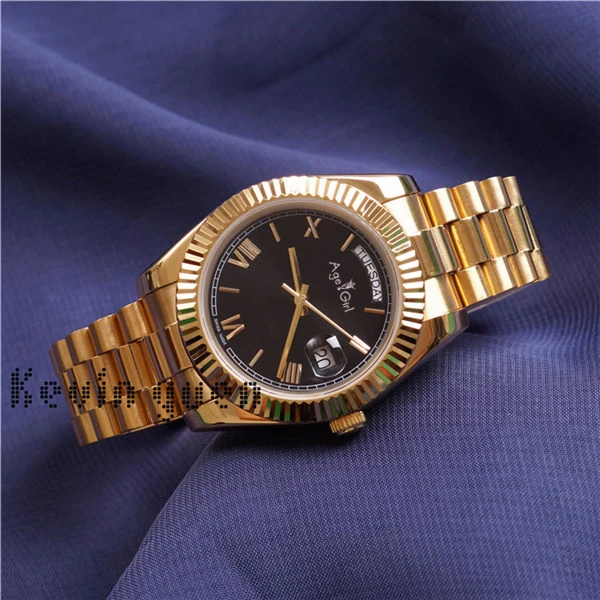 Gold Black Роскошные брендовые новые мужские часы DAYDATE из желтого розового золота, часы на день, дата, президент, автоматические механические часы Roma, серебристый, черный, зеленый, синий, 41 мм - Цвет: Gold Black