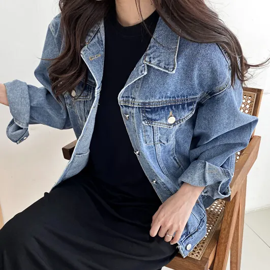 

SuperAen 2021 Autumn New Silhouette Classic Denim Short Jacket Turn Down Collar Full Solid Single Breasted