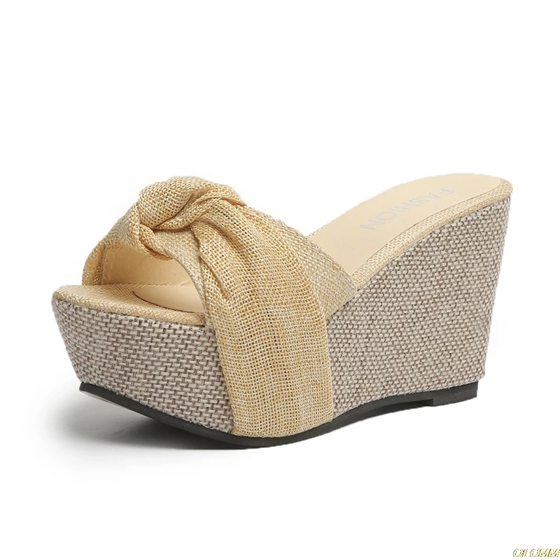 

2020 Bow Slippers Women Sommer Torridity Sandals Slipper Indoor Outdoor Linen -flops Beach Shoes Female Fashion Shoes