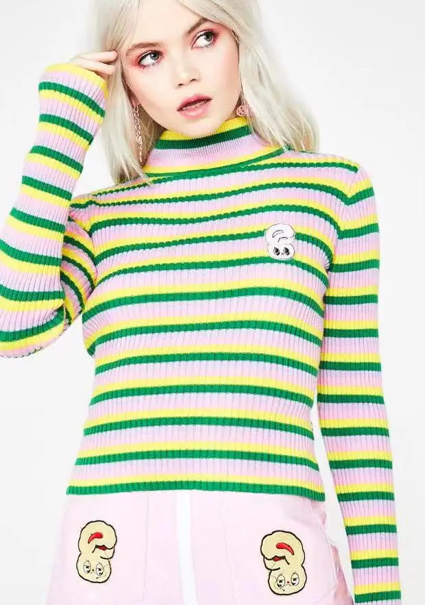 Девочка: домашний Мягкий трикотажный топ в полоску с высоким воротником и