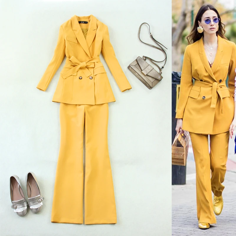 Women's suit spring and autumn new style banana yellow belt OLdouble-breasted suit + flared trousers occupation 2piece set women