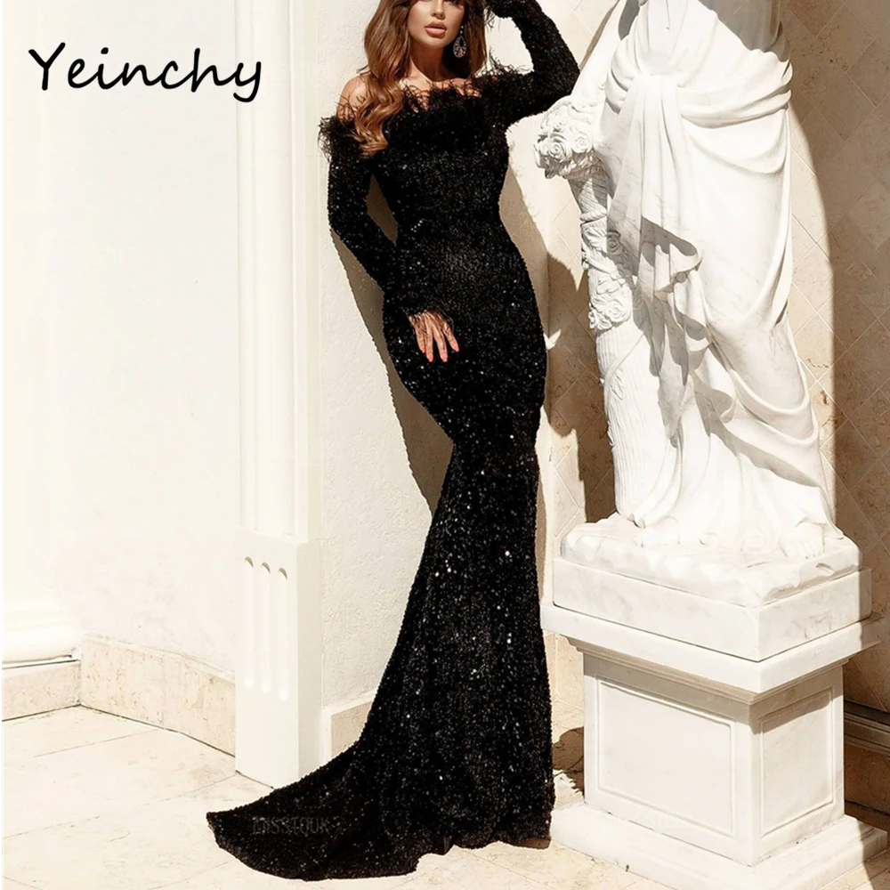 Yeinchy Sexy women Off Shoulder Feather Long Sleeve Sequin floor length Evening Party Maxi Reflective ladies Stretch Dress