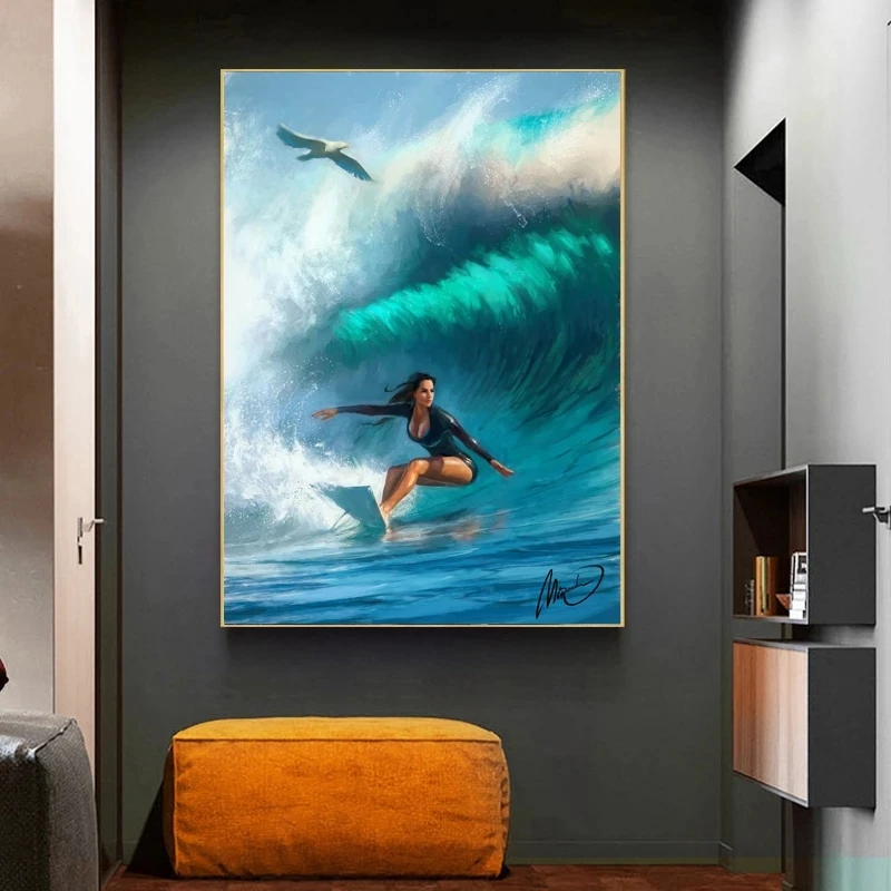 

Canvas Painting Sexy Woman Surfing In The Sea Poster Printing Picture Wall Art Living Room Interior Home Decor Cuadros