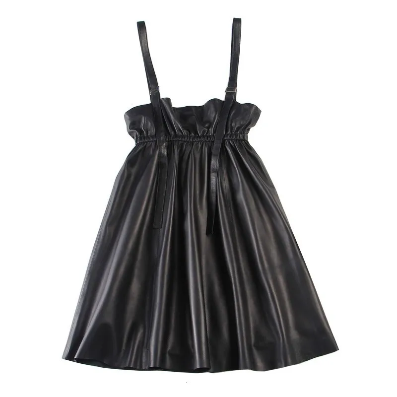 

New spring 2020 black women's leather leather sheepskin non adjustable blood sleeve high size short skirt women's dress