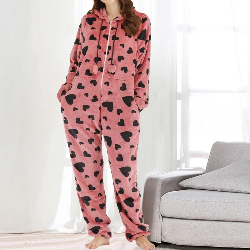 

Winter Warm Pajama Women Flannel Pajamas Long Sleeve Hooded Pajamas Zipper Jumpsuit Women Rompers Onsies Pajamas Onesie Jumpsuit