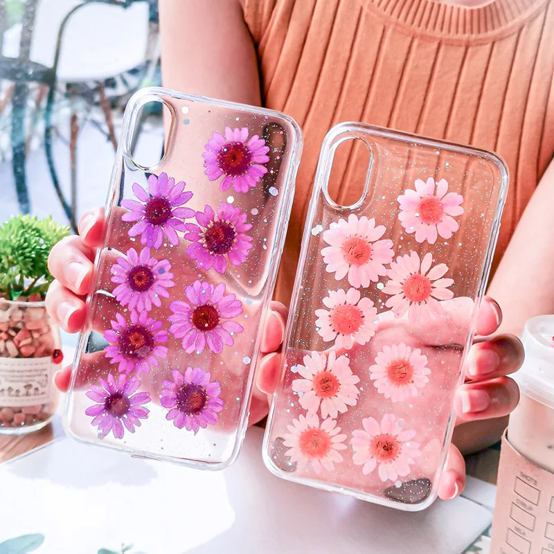 Чехол для телефона с настоящими цветами и сушеными цветами для iPhone X, XS, XR, XS, Max, 6, 6 S, 7, 8 Plus, прозрачная блестящая красивая мягкая задняя крышка из ТПУ