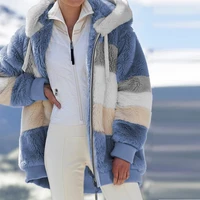 2021 winter women plush coat fashion hooded zipper jackets casual oversized stitching plaid faux fur warm ladies parka jacket