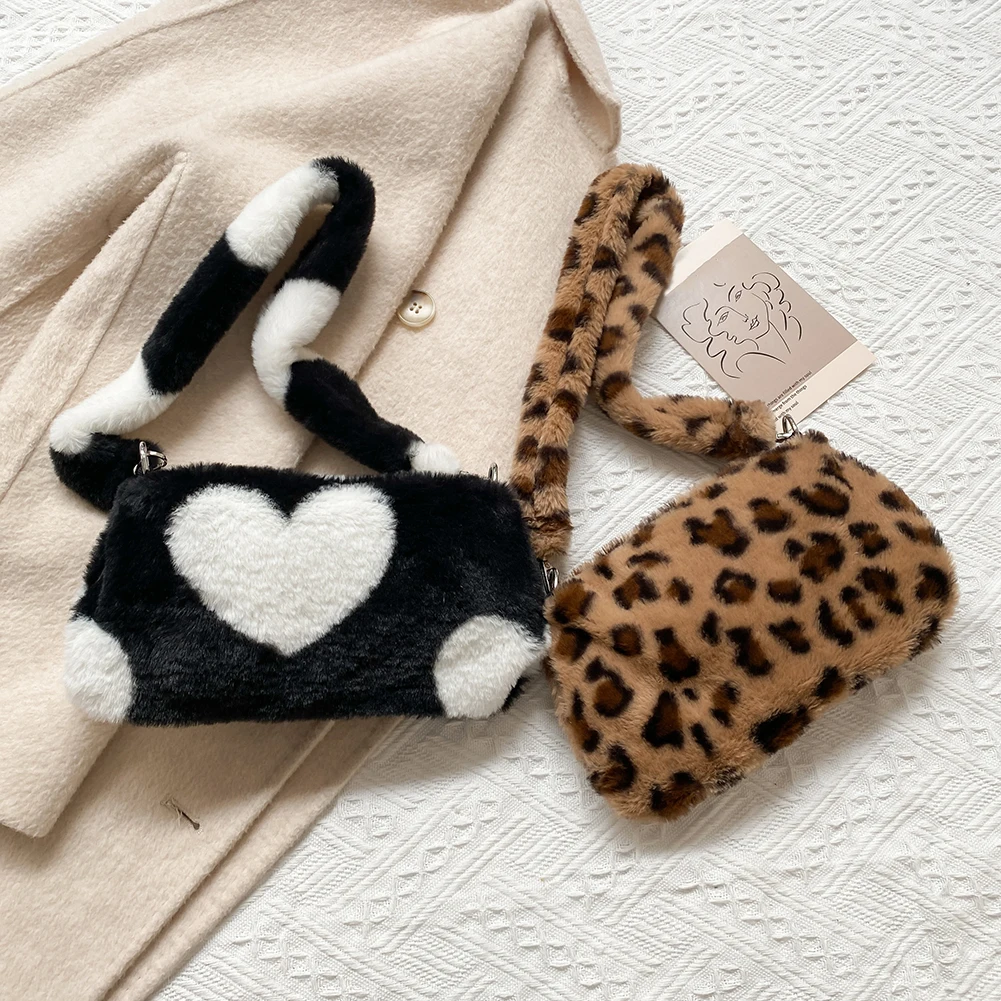 

Women Fashion Plush Shoulder Bag Casual Leopard Zebra Heart Print Underarm Bags Female Autumn Winter Small Purse Handbags