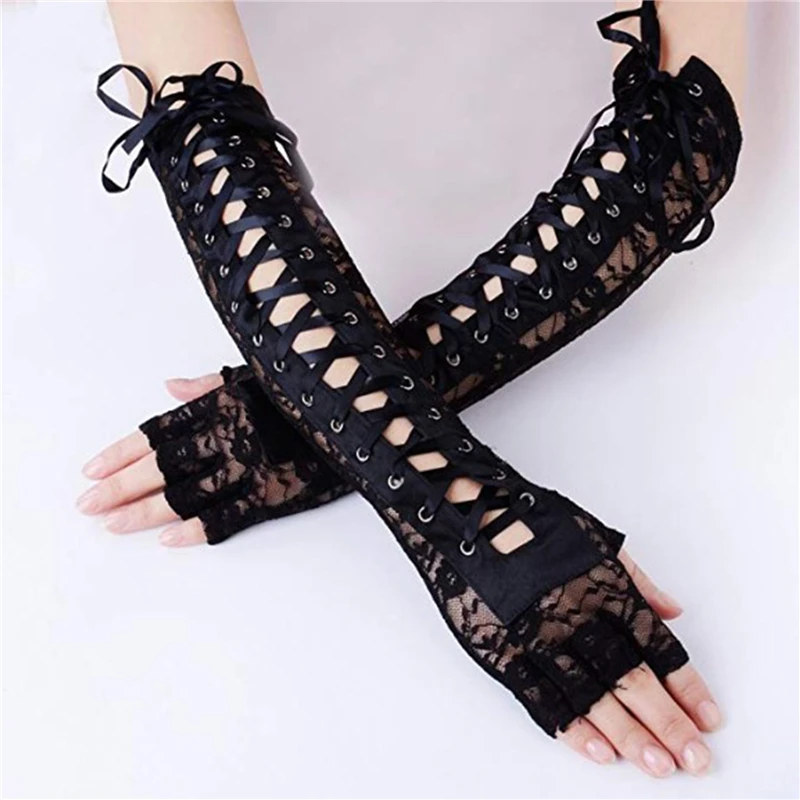

4 Colors Women Lace Gloves Half Finger Bandage Hollow Out Ladies Mitten Party Prom Female Gloves Clothing Accessories