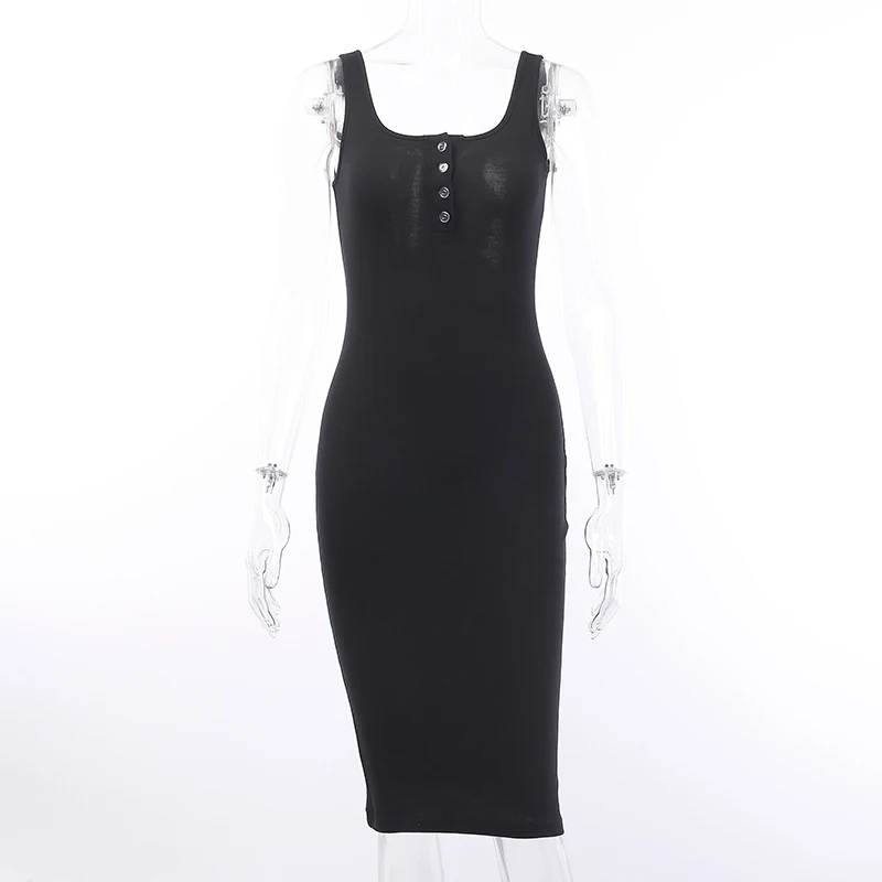 

WannaThis Knee-Length Dress Knitted Elastic Sleeveless Bodycon elegant Women 2019 Summer Sexy V-Neck Button Party Slim Dresses