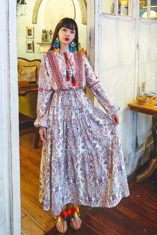 

Dresses Summer Korean Same Holiday Ethnic Style Dress Bohemian Vintage Printed Embroidered Tassel Large Swing Dress Kawaii