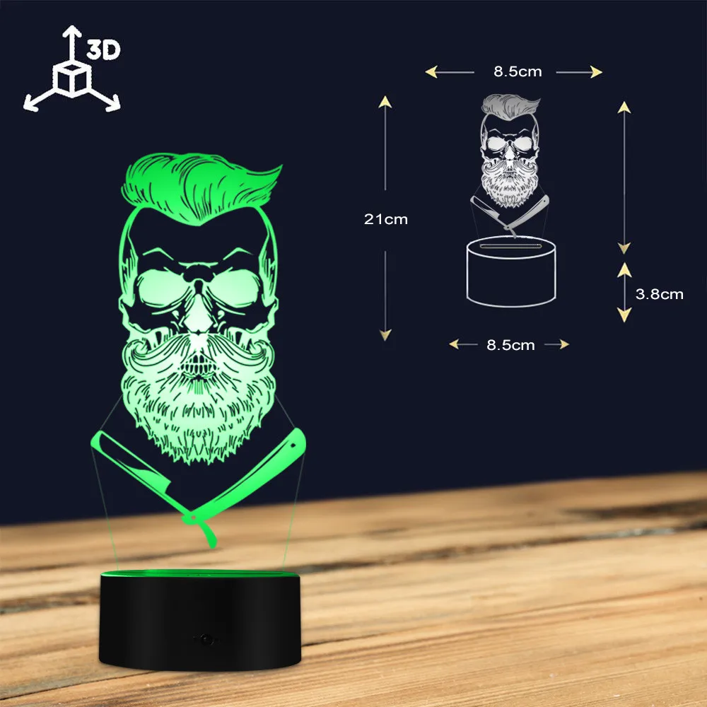 Парикмахерская череп 3D Оптические иллюзии светильник Hipster Скелет Парикмахерская бритья светодиодный Ночной светильник в виде усов стол с черепами визуальный Лампа неоновая вывеска