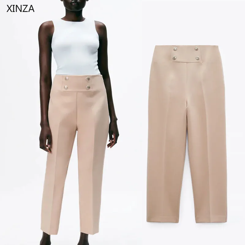 

Женские брюки на пуговицах Za, винтажные повседневные офисные брюки с высокой талией, со складками сзади, с молнией сбоку, лето 2021