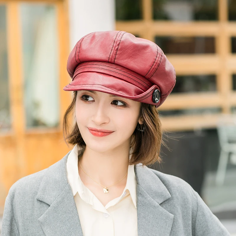 100% Pu Leather Beret Cap Octagonal Hat Female Autumn Winter Hats For Women Ladies Boina Feminina Gorras Bone Vintage England