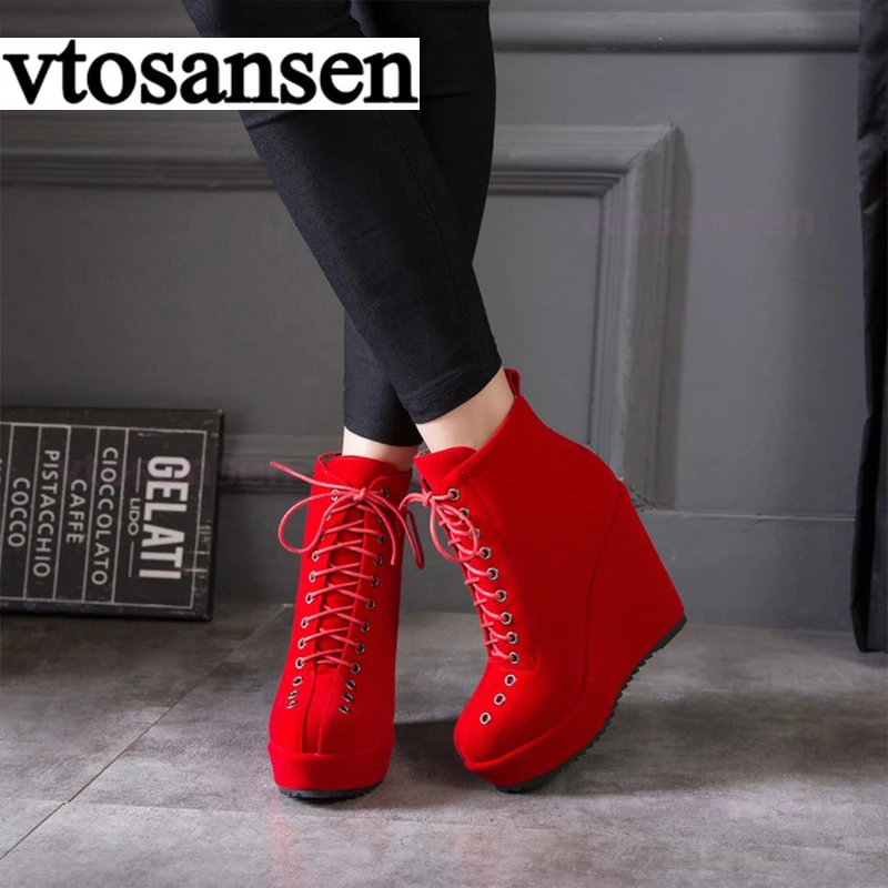 spesifikasi Sepatu Bot Pergelangan Kaki Wanita Platform Berenda 2021 Sepatu Musim Dingin Pendek Hak Baji Suede Alas Kaki Wanita Punk Hitam Sepatu Perempuan Berkualitas Tinggi