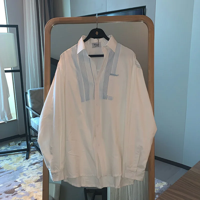 

IEFB Men's Loose Long Sleeve Shirts Striped Patchwork 2021 Autumn New Black White Lapel Casual Korean Tops Ins Elegant Trends