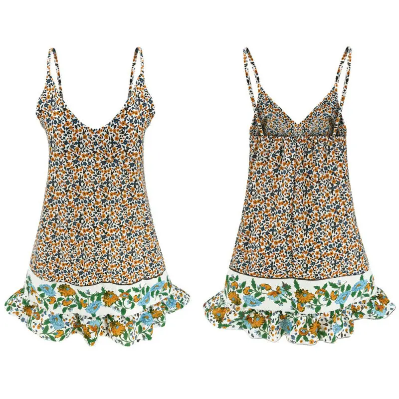

Womens Sexy V Neck Summer Dress Floral Printed Strappy Mini Dress Ladies Ruffle Summer Beach Party Dresses Casual beach dresses