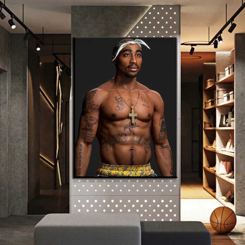 

Sexy Tattoo Tupac Shakur Posters 2PAC Wearing Cross Necklace Canvas Painting Rapper Star Hip Hop Art Bedroom Decor Wall Picture