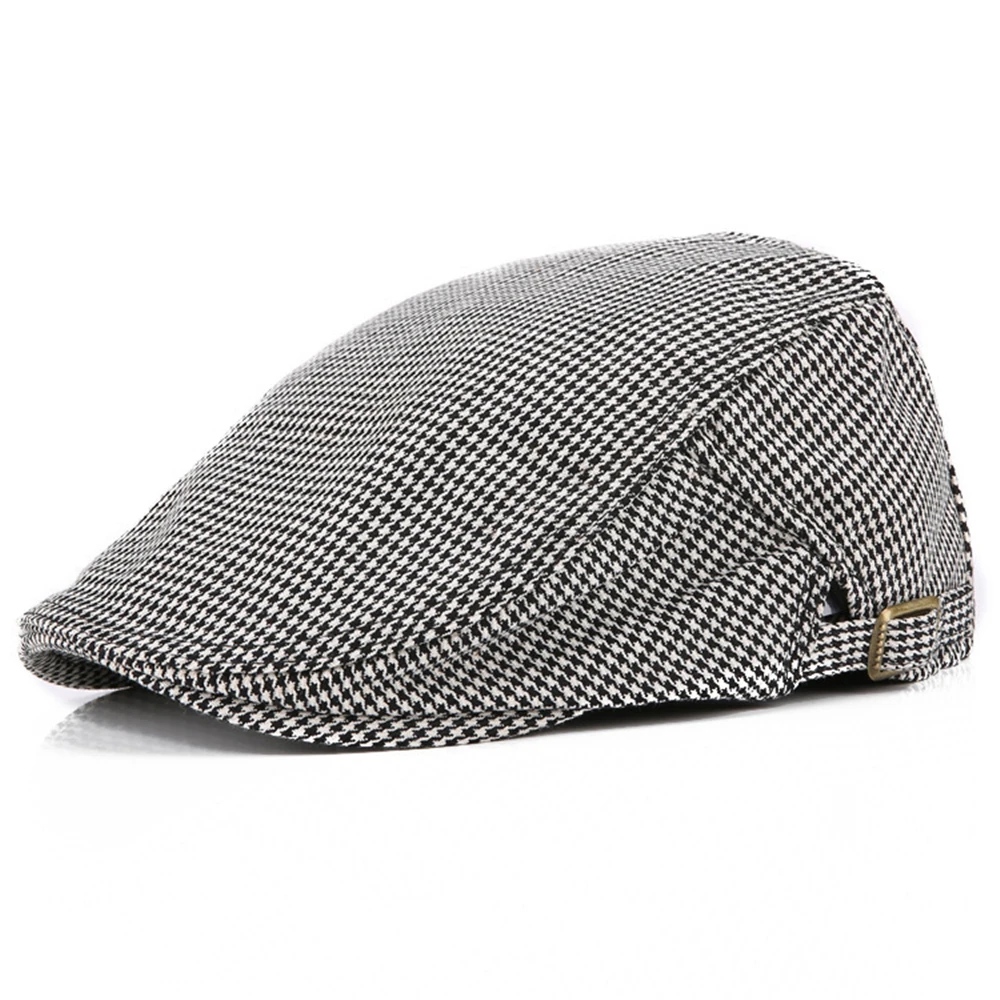 

SHOWERSMILE British Newsboy Cap Women Mens Beret Hat Cotton Flat Caps Black White Plaid Adjustable Ivy Duckbill Driver Hat