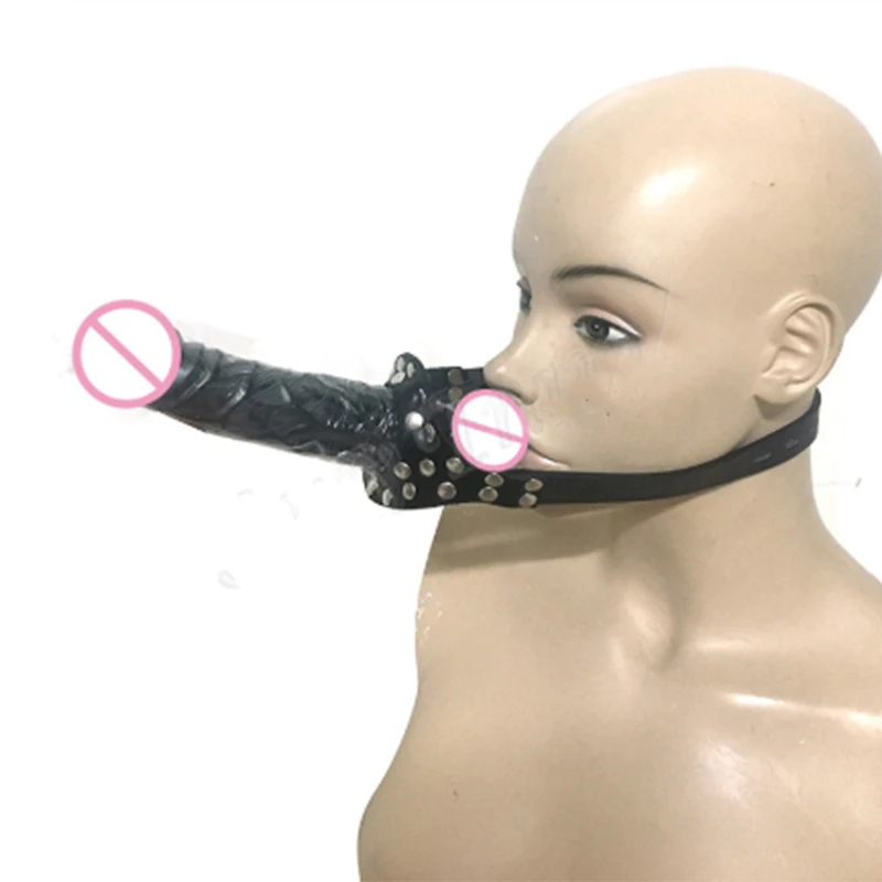 Двойной фаллоимитатор кляп на голову страпон рот Фетиш бондаж пенис жгут