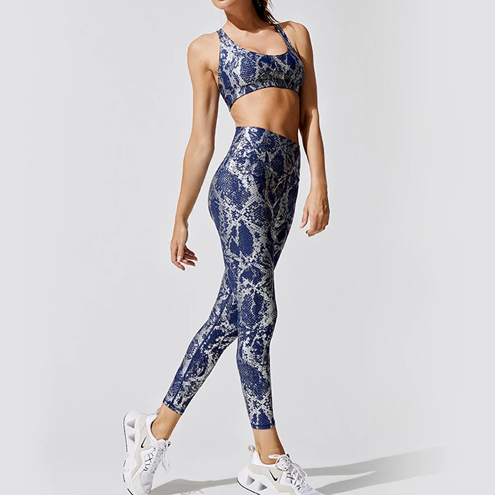 

Metallic Snake Printing 2 Piece Sport Set Workout Clothes for Women Sports Bra +leggings Set Sexy Sportswear Gym Fitness Yoga Se