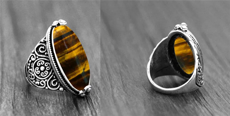 Irregular Natural Tiger Eye Rings Flower Band Stone Ring For Women Antique Silver Plated Fashion Jewelry TR665