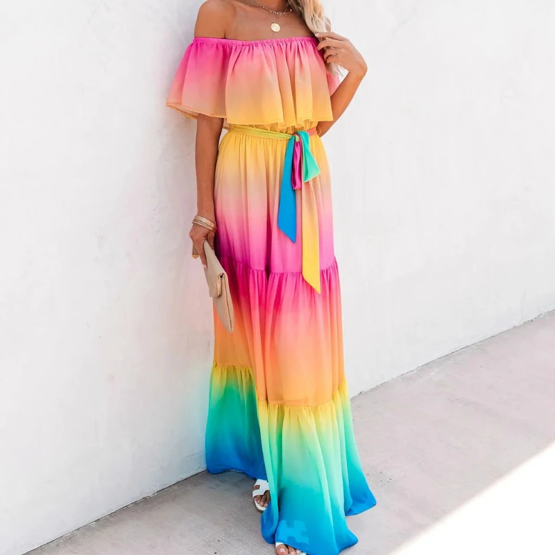 

Женское платье с вырезом лодочкой, Радужное повседневное Свободное платье с открытой спиной и градиентом, разные цвета, Новинка лета 2021