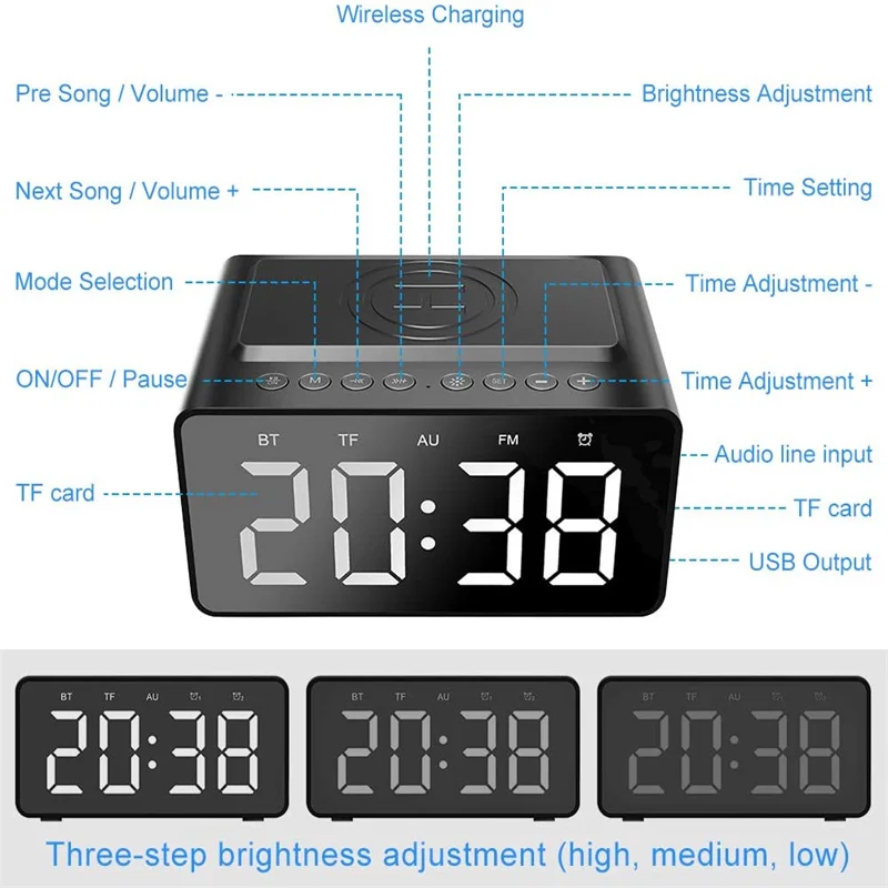 alarm clock digital Bluetooth Speaker fm radio with USB Charger &amp Wireless QI Charging 3 Level Digital Desktop Clock | Дом и сад