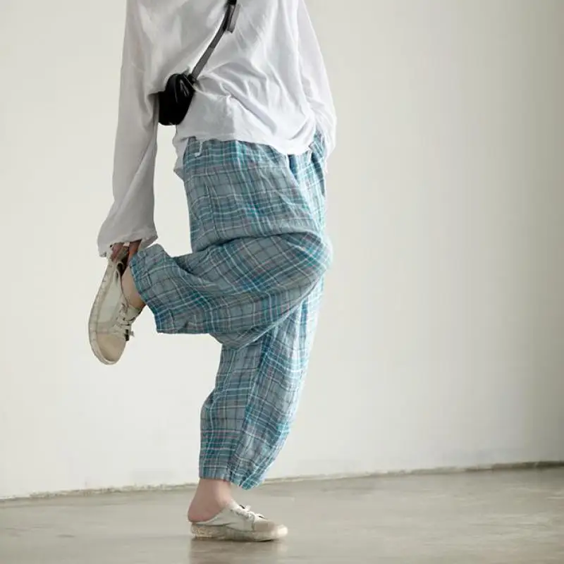 Брюки женские винтажные шаровары повседневные свободные брюки плед эластичная