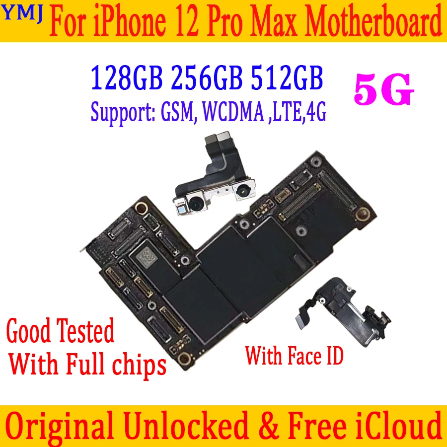 

100% Original Unlocked For iPhone 12 Pro Max Motherboard With/NO Face ID Free icloud Full Chips Test Logic Board Support update