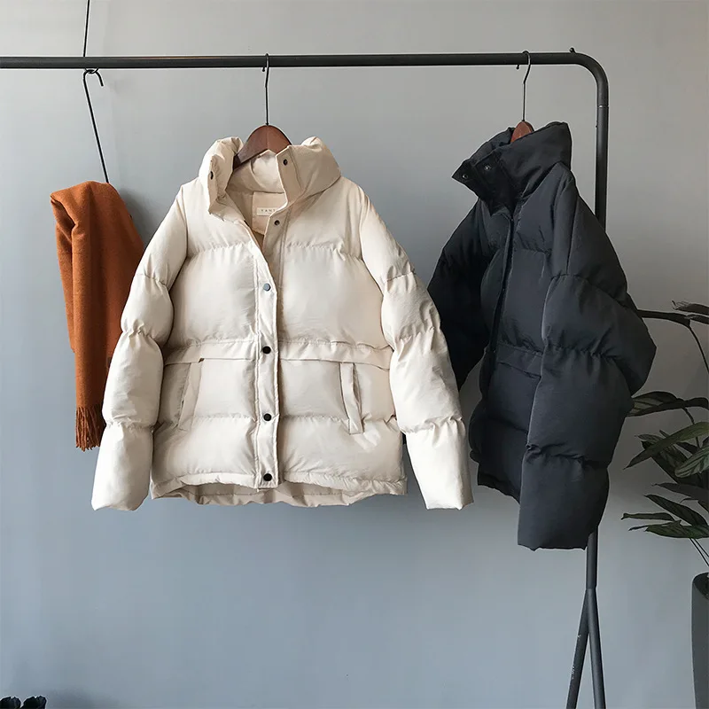 

fashion solid women's winter down jacket stand collar short single-breasted coat preppy style parka ladies chic outwear female