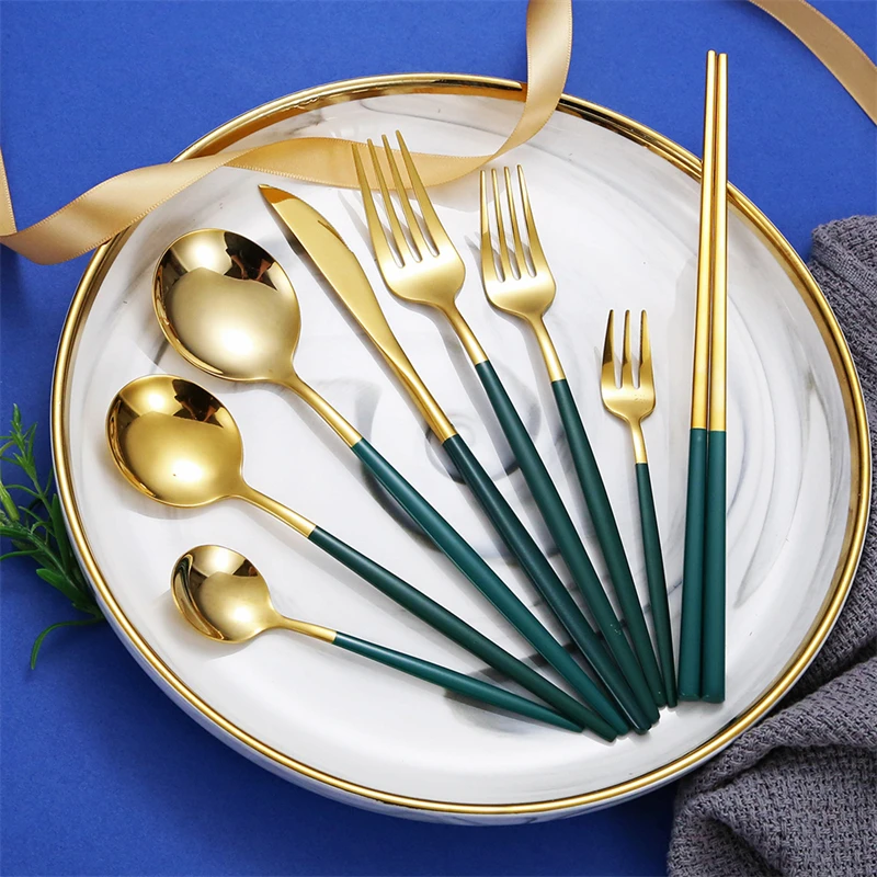 

8PCS Dinnerware Cutlery Spoon Fork Knife Chopsticks Set Stainless Steel Steak Coffee Dessert Tableware Kitchen Accessories