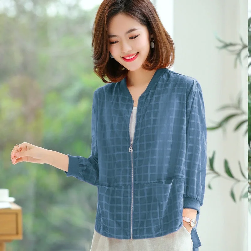 

Spring Summer New Hot Sale Women Plaid Long-sleeve Breathable Short Sunscreen Clothing Fashion Loose Wild Baseball Coat X268