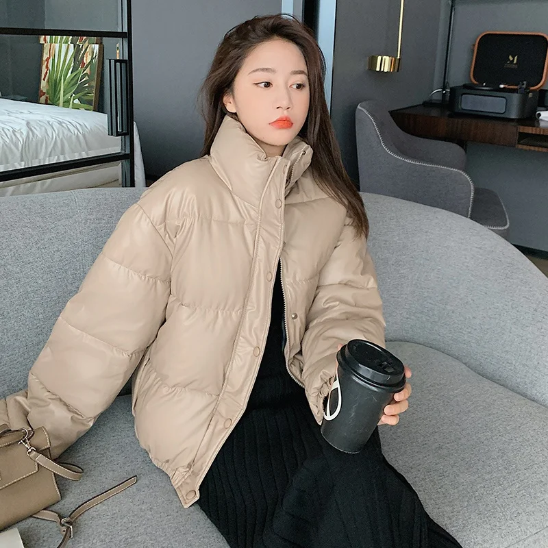 Women Winter Jacket Black PU Parkas New Ladies High Quality Stand-callor Bread Coat Female Padded Outerwear Brand Warm Clothing