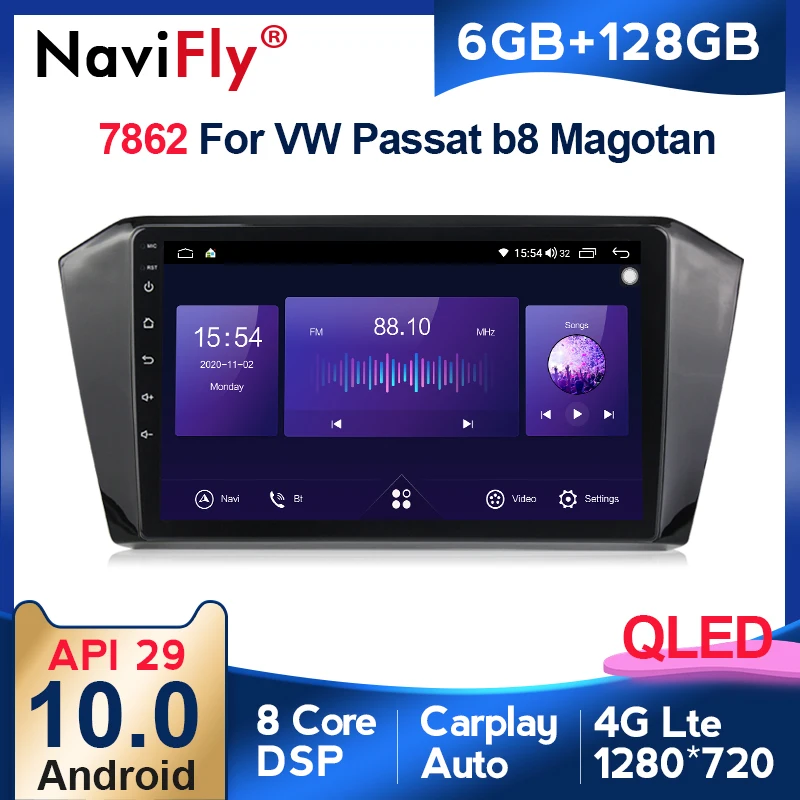 

Автомобильный мультимедийный проигрыватель NaviFly, 6 ГБ + 128 Гб, QLED 1280x720, Android 10, для Volkswagen Passat b8, Magotan 2015, GPS-навигация