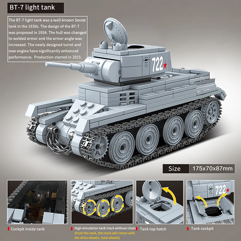 462 шт. военный советский BT-7 светильник Танк солдат строительные блоки WW2 Танк оружие аксессуар кирпичи армейские игрушки для детей Подарки
