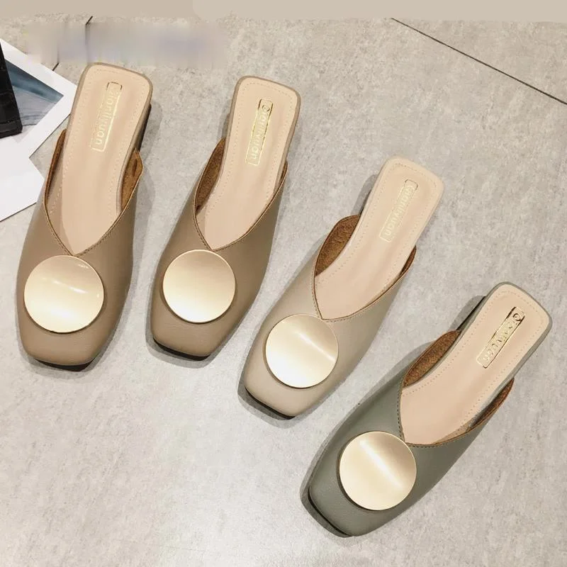

2021 Brand Designer Women Slippers Slip On Mules Flat Heel Casual Shoes British Buckle Slides Wooden Block Heels Summer Footwear