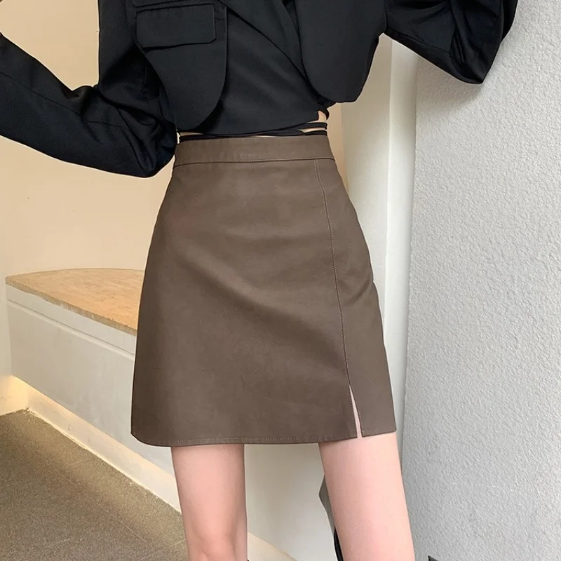 

Юбка трапециевидная женская с завышенной талией, облегающая юбка из искусственной кожи, с разрезом, дизайнерская, для ранней осени