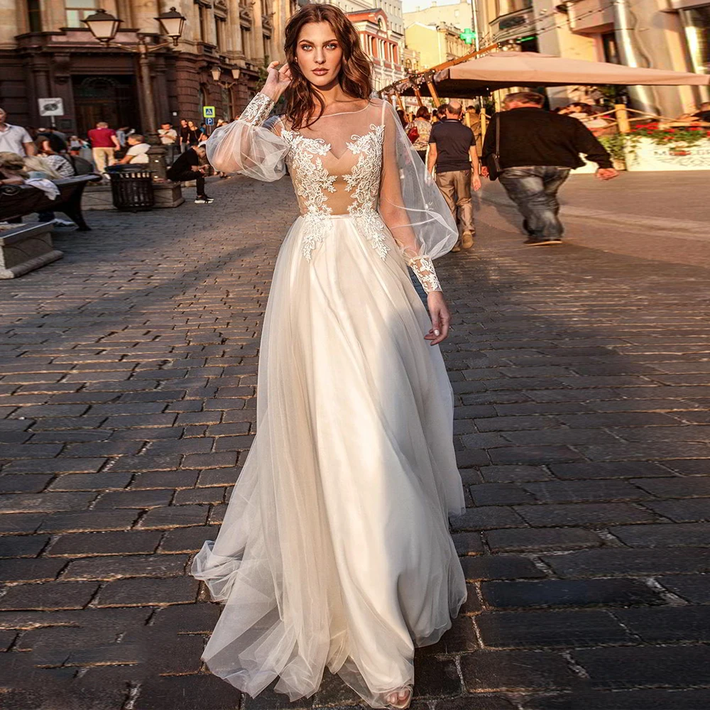 

Sexy Lantern Sleeves Illusion Wedding Dresses Vestido De Noiva Bateau Neck Applique Tulle A-line Princess Wedding Gowns