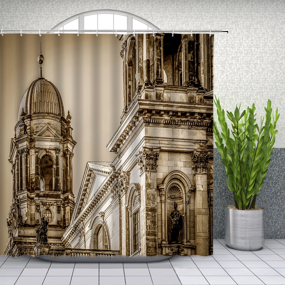 

European Architecture Shower Curtains Roman Style Building Scenery Bathroom Decor Home Bath Waterproof Polyester Curtain Set