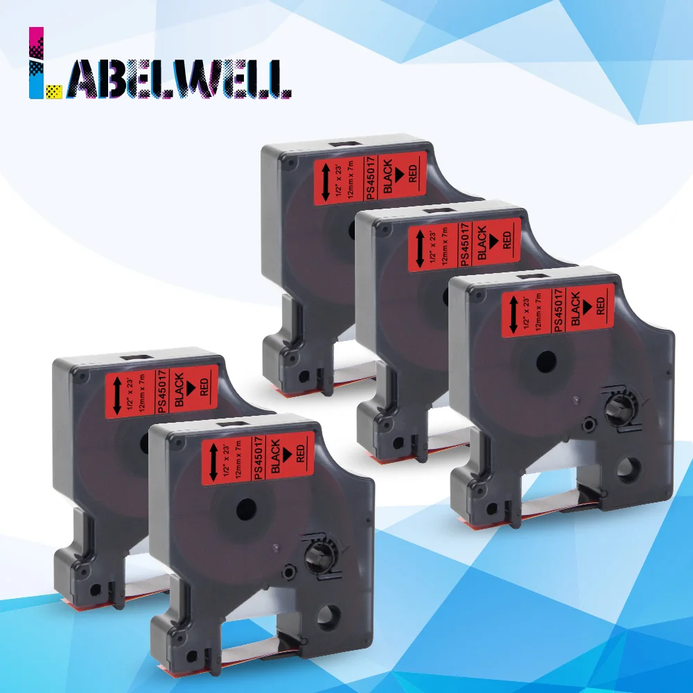 Labelwell совместимый с Dymo D1 45017 лента для этикеток 12 мм черный на красном ленте