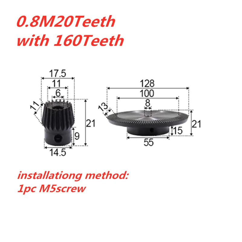 

8：1 bevel gear 0.8modulus 20teeth with 160 teeth inner hole 6-8mm 90 degree drive reverse steel gear steel gear