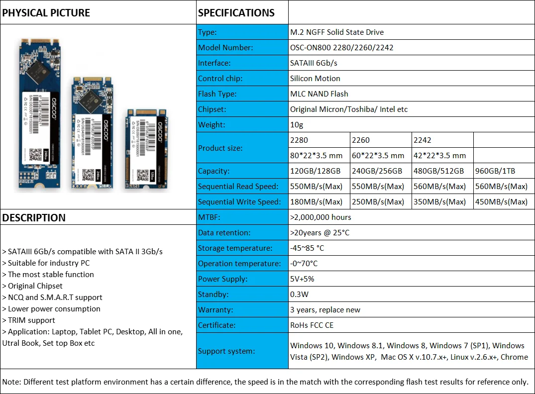 Новинка твердотельный накопитель Oscoo M2 NGFF M.2 SATA 120 ГБ 240 500 Гб SSD Размер 2242 2260 2280 мм