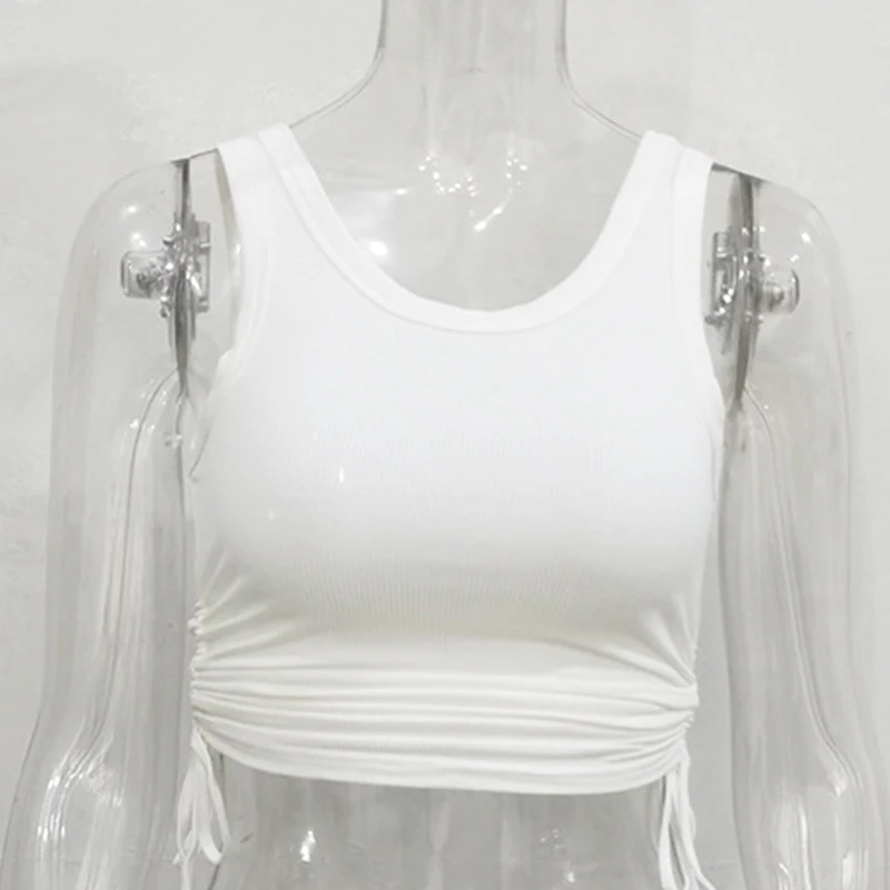

2021 New Tank Tops Women Sexy Crop Vest with Drawstring Solid Female Off Shoulder Knitted Cotton White Summer Ladies Stretch Top